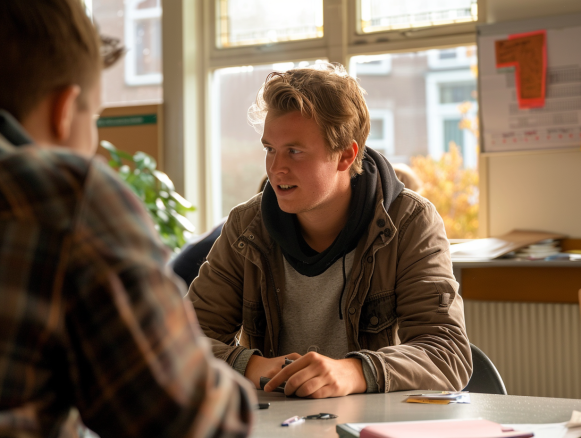 ran55. a realistic candid photo of a dutch teacher sitting at a 64380396 c485 46b6 8414 21f9e0b2447c