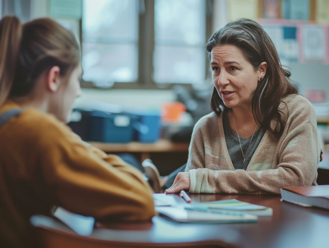 ran55. a realistic candid photo of a teacher sitting at a desk c22ace08 d98c 4059 820e 5747534e1acc